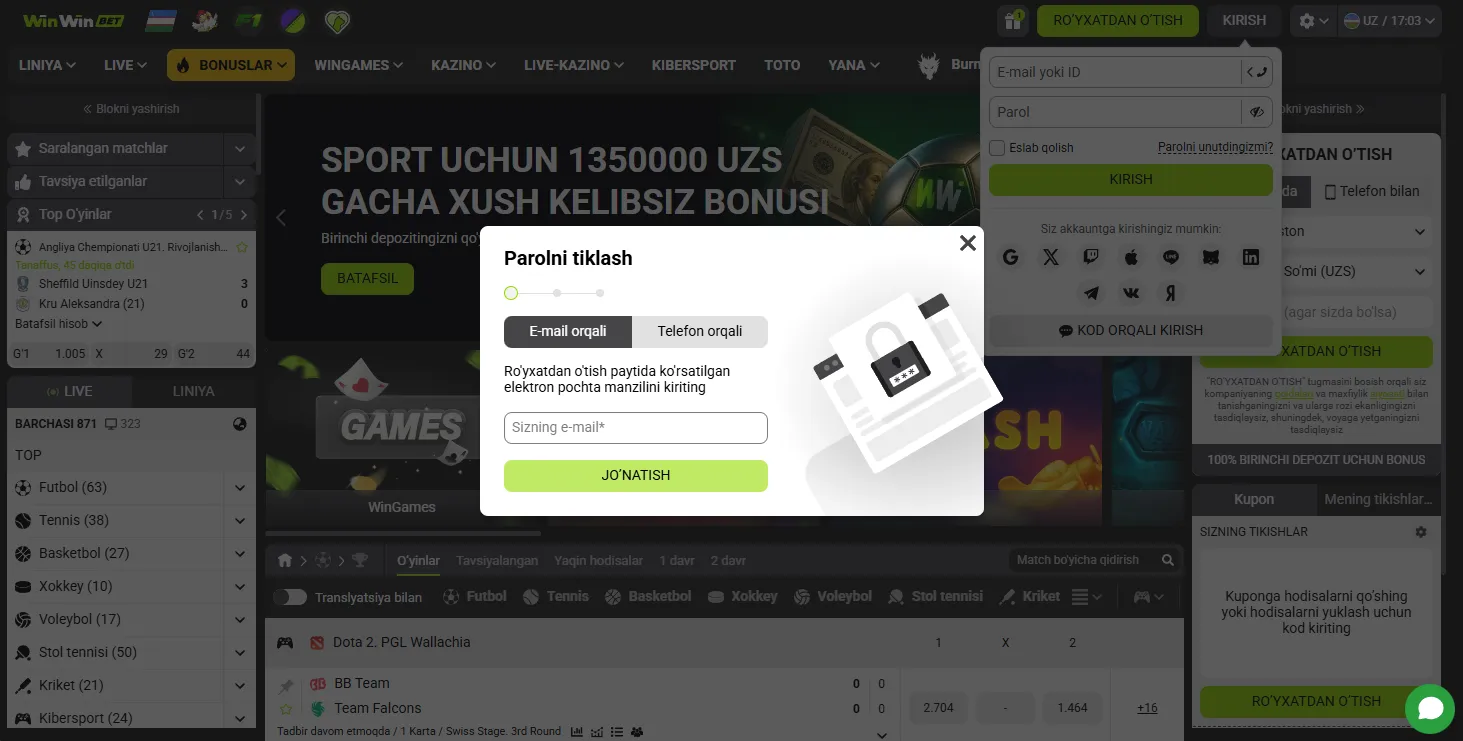 WinWin kazinoda parolni tiklash